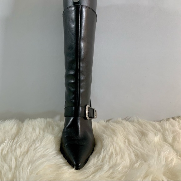 ZARA Cowboy Buckle Black Leather Pointed Toe Slip On Heel Boots Sz 7.5US - Picture 9 of 15